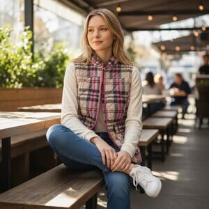 Crown & Ivy Pink Beige Navy Plaid Quilted Vest Size Large Fall Layering Puffer